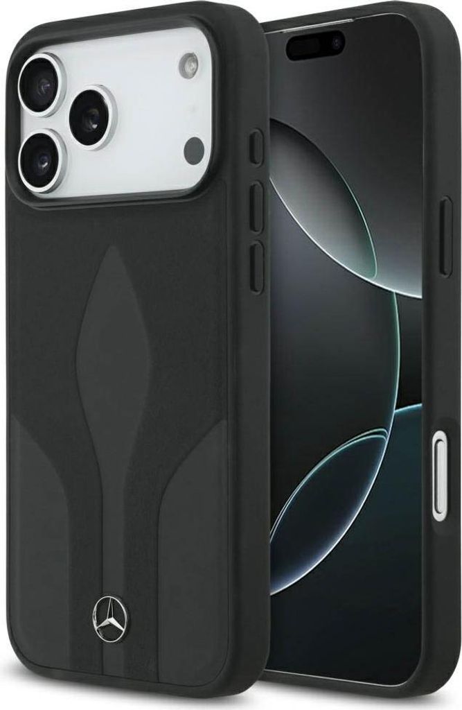 A black iPhone case with a Mercedes-Benz logo is shown next to an iPhone.