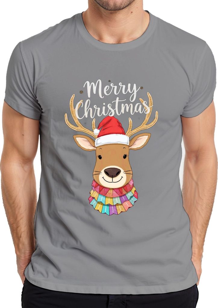 Merry Christmas Weihnachten Rentier Nikolausmütze niedlich bunt Herren T-Shirt, Grau, XL