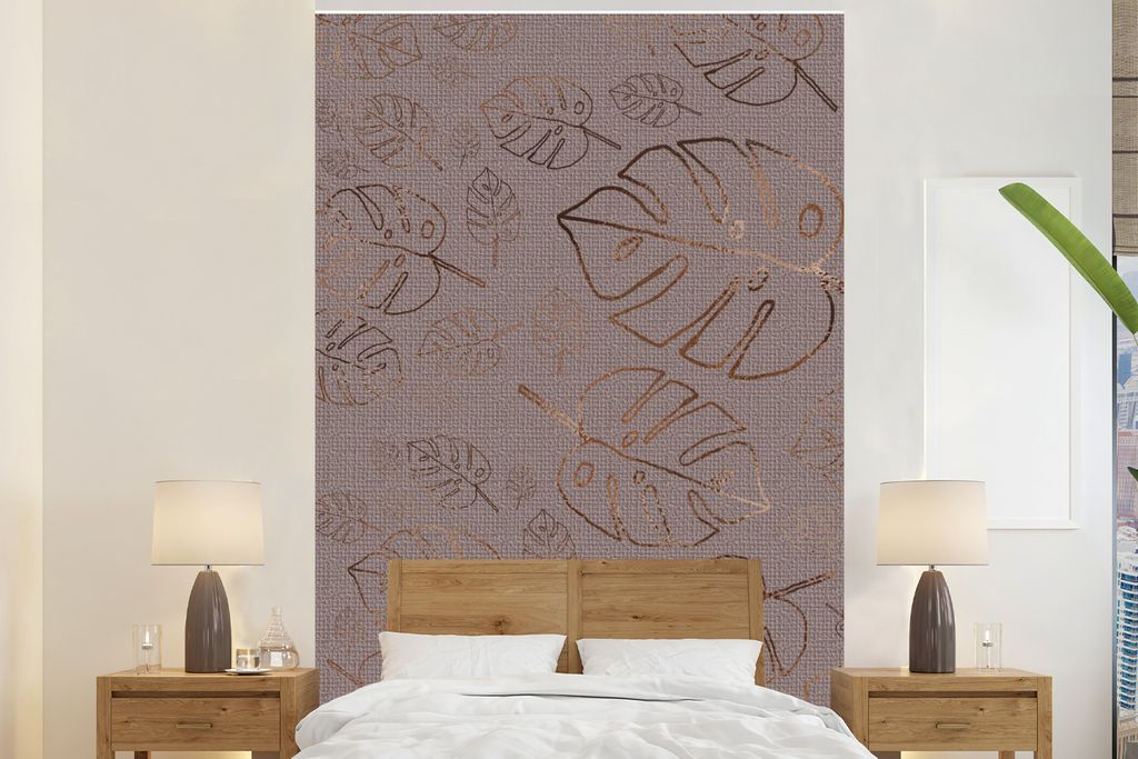 MuchoWow Fototapete für Wohnzimmer oder Schlafzimmer Wandtapete Vinyl Motivtapete Muster - Blätter - Lila - Bronze - 195x300 cm - Das Hintergru...