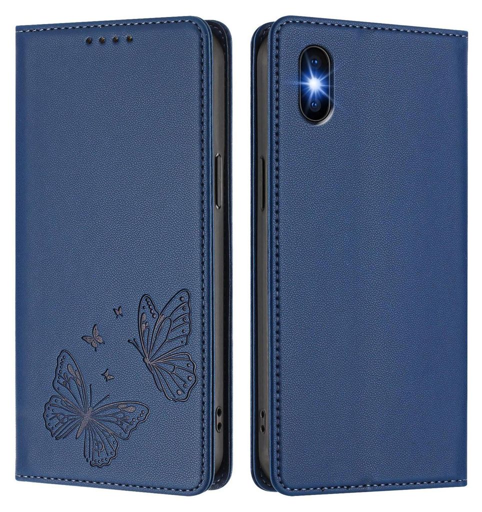 Lederhülle für iPhone X/iPhone XS, Schmetterling Prägung Leder Brieftasche Schutzhülle mit Ständer Dunkelblau