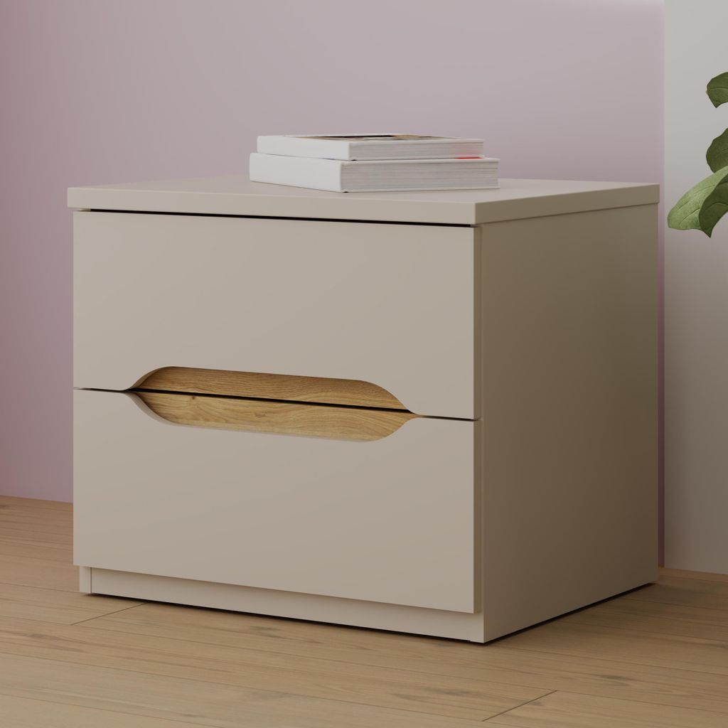 Forte EDWAL Nachttisch 50, moderner Nachtschrank mit abgerundeten Griffmulden, 2 Schubladen, Holzwerkstoff, Kaschmir | Beige Holzdekor, 50,4 cm bre...