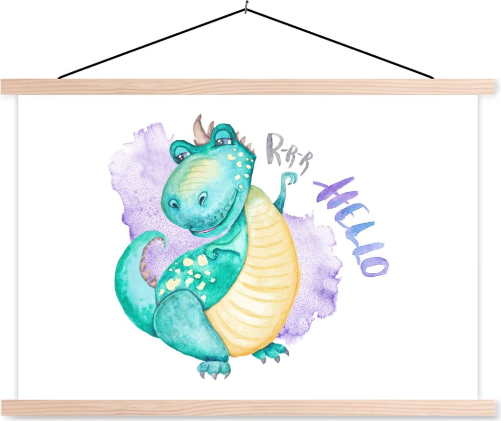 MuchoWow Textilposter Dinosaurier - Kinderzimmer - Grün - Jungen - Mädchen - Kinder 120x80 cm mit holzfarbenen Rahmen - Aufhängeset