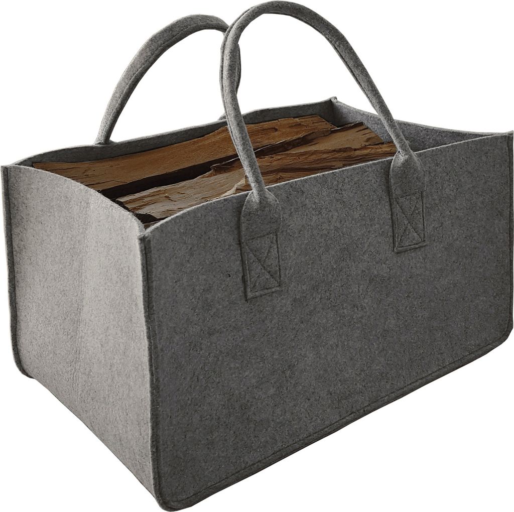 A gray felt bag filled with firewood, shown against a white background.