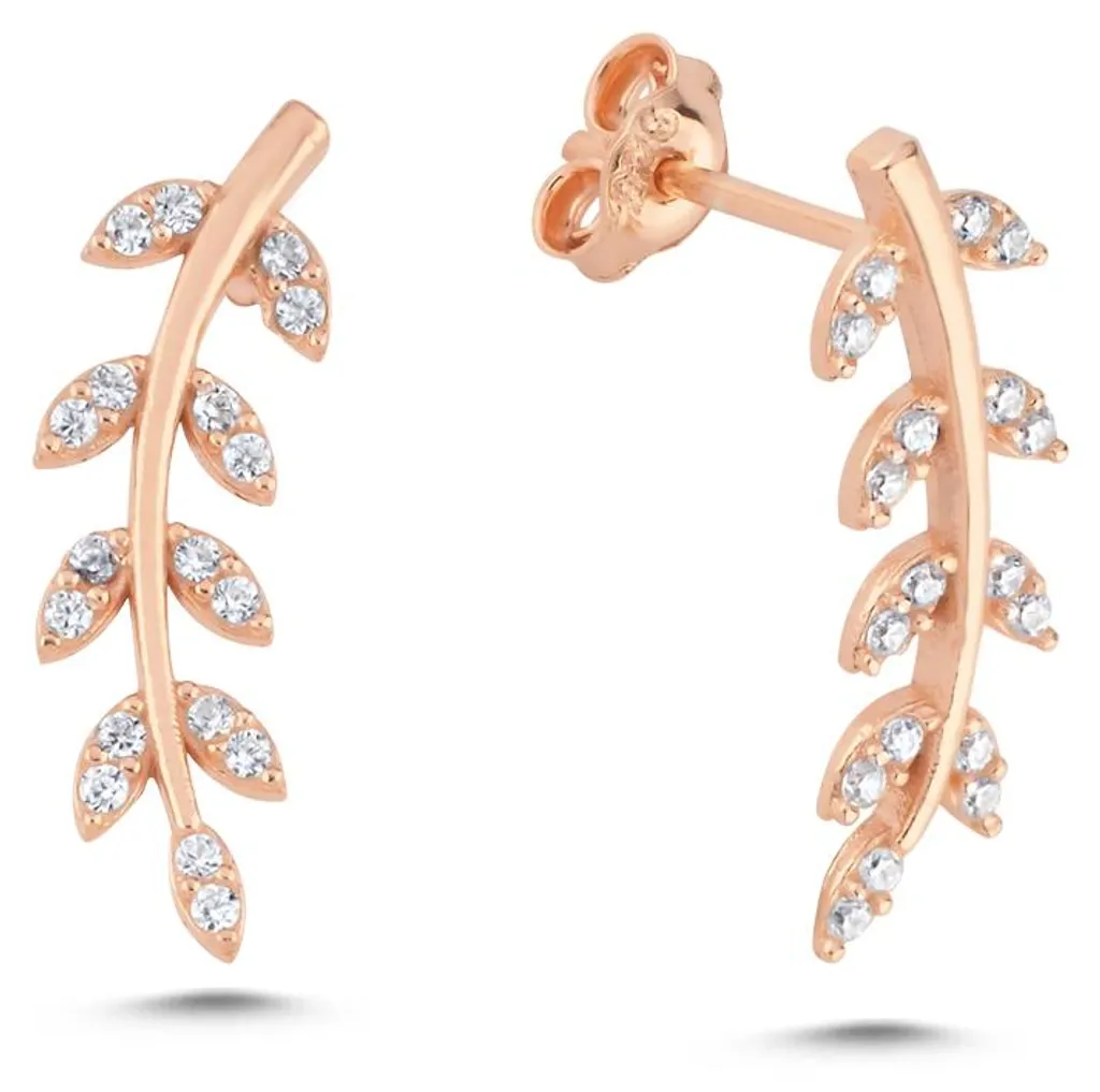 Boucles d'oreilles branche d'olivier en argent et or rose avec zircone