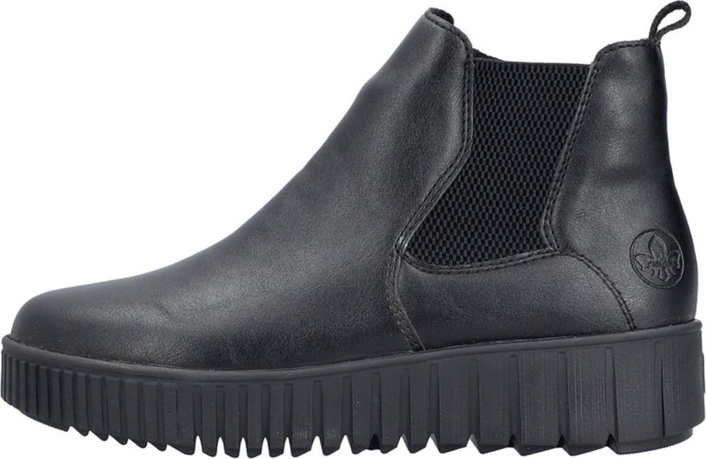 A side view of a black Rieker women's ankle boot with a platform sole.