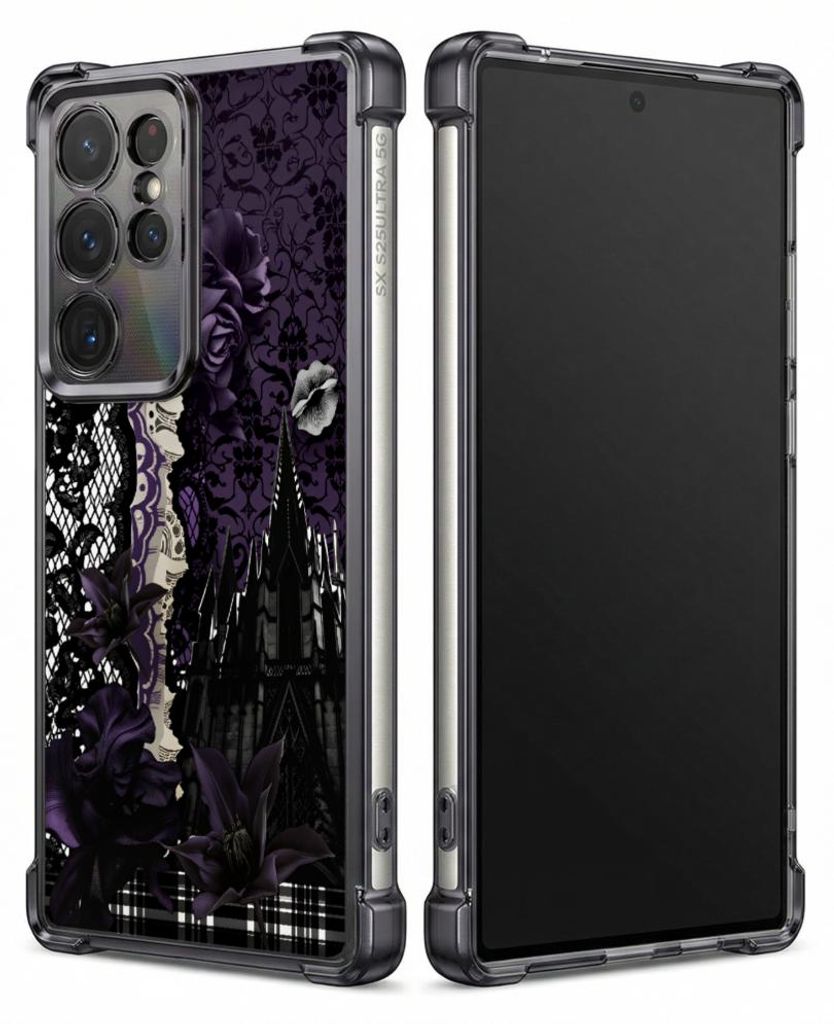 Personalisierte Hülle mit Bild für Samsung Galaxy S24 Ultra Elektroplattiert TPU Stoßdämpfer Handyhülle mit Dunkles Schloss – Blumenmuster-D...