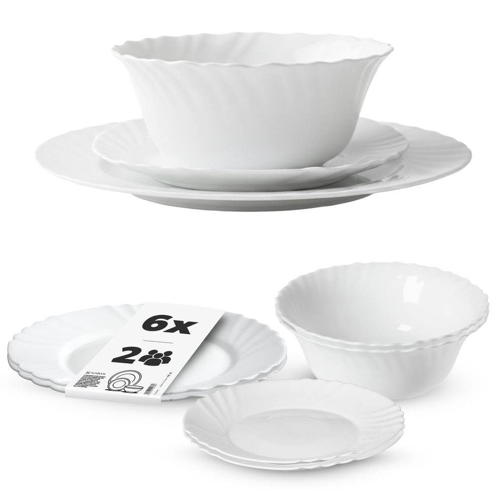 KADAX Geschirrservice 6-teilig, Geschirrset für 2 Personen, Tafelservice mit Müslischale, Dessertteller & Speiseteller, Tellerset aus Opalglas, G...