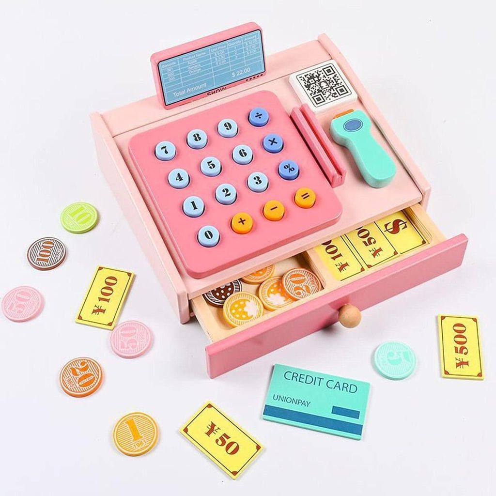 Hölzernes Kassenspielzeug für Kinder mit Spielgeld Scanner Produktbild 