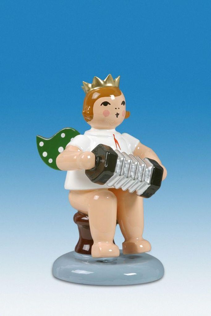 Holzfigur Engel sitzend mit Konzertina ohne Krone Höhe 6cm NEU