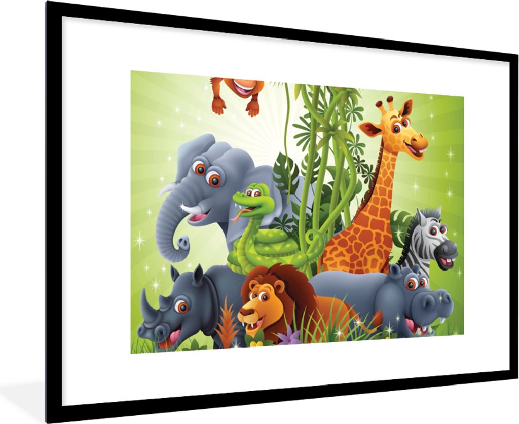 MuchoWow Gerahmtes Poster Dschungeltiere - Pflanzen - Kinder - Elefant - Giraffe - Löwe 90x60 cm - Poster mit Schwarzem Bilderrahmen Wandposter ...