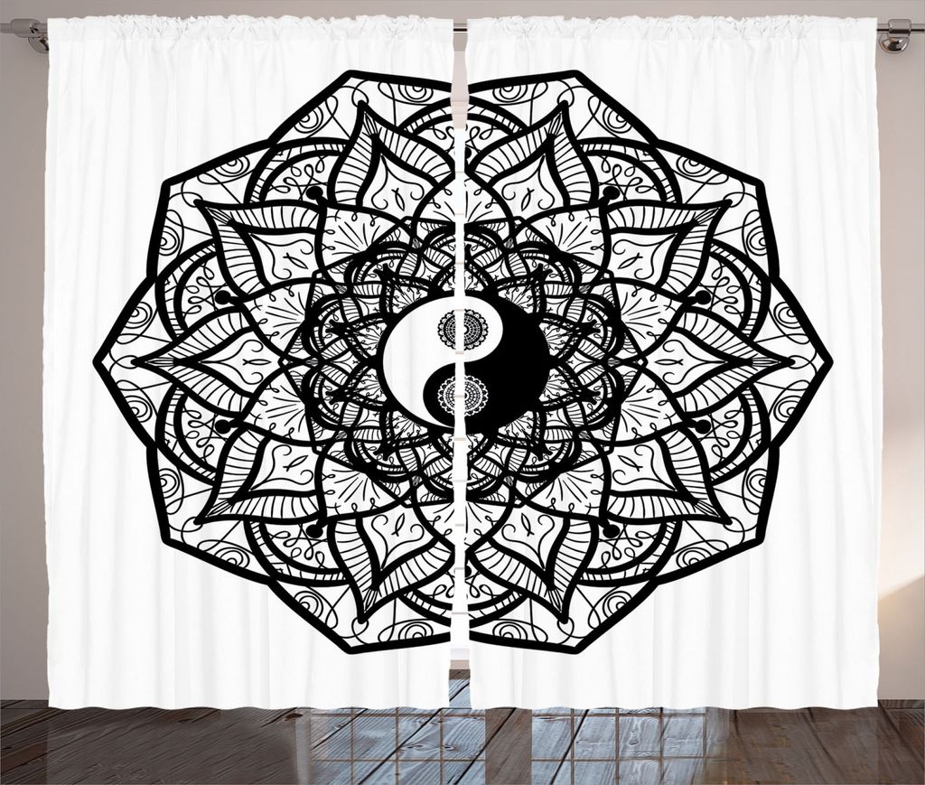 ABAKUHAUS japanisch Rustikaler Gardine, Ying Yang Schwarz Weiß, Schlafzimmer Kräuselband Vorhang mit Schlaufen und Haken, 280 x 175 cm, Weiß Sch...