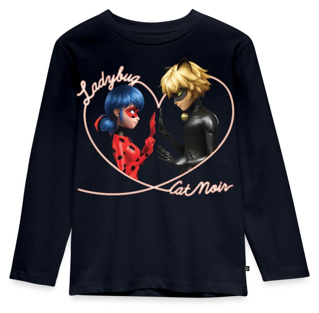 Spreadshirt Miraculous Ladybug Und Cat Noir Herz Kinder Premium Langarmshirt, 134/140 (8 Jahre), Navy