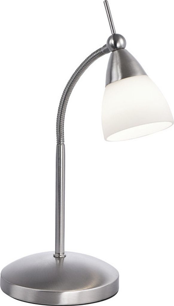 A silver desk lamp with a white glass shade and a flexible arm, shown against a white background.