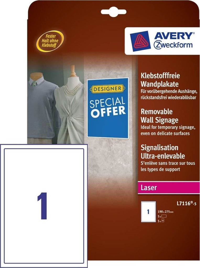 5x Klebstofffreie Wandplakate Weiß A4 190x275mm