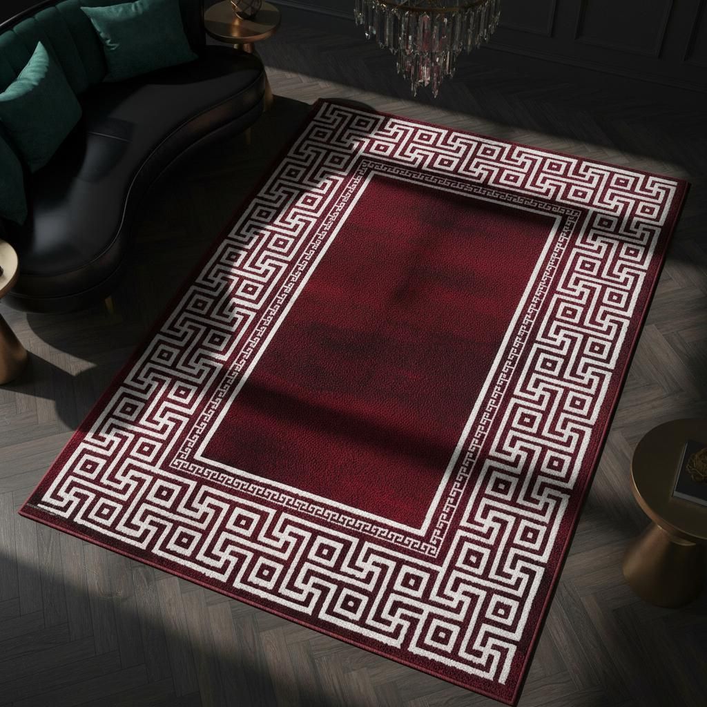 Designteppich Griechisch Pflegeleicht Waschbar Strapazierfähig | Rot 120x170 cm Wohnzimmer Schlafzimmer Gekettelt | DRAU – Kadima Design