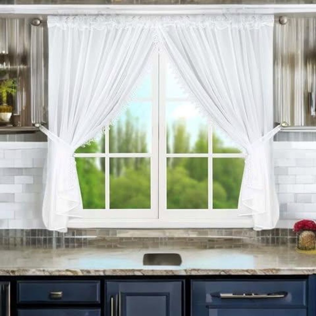 Fertiggardine, Klassische Gardine, Voile-Gardine, Landhaus-Gardine, Romantische Gardine mit Häkelspitze, Gipiura 400x150cm Weiß