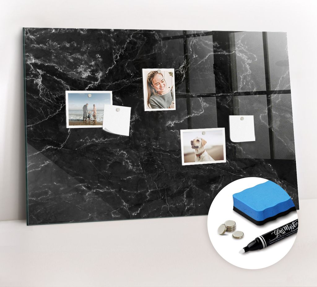 Magnetpinnwand Memoboard - Zubehörsatz - Weißer Marker + Schwamm + Magnete - 90 x 60 cm - Schwarzer Marmor