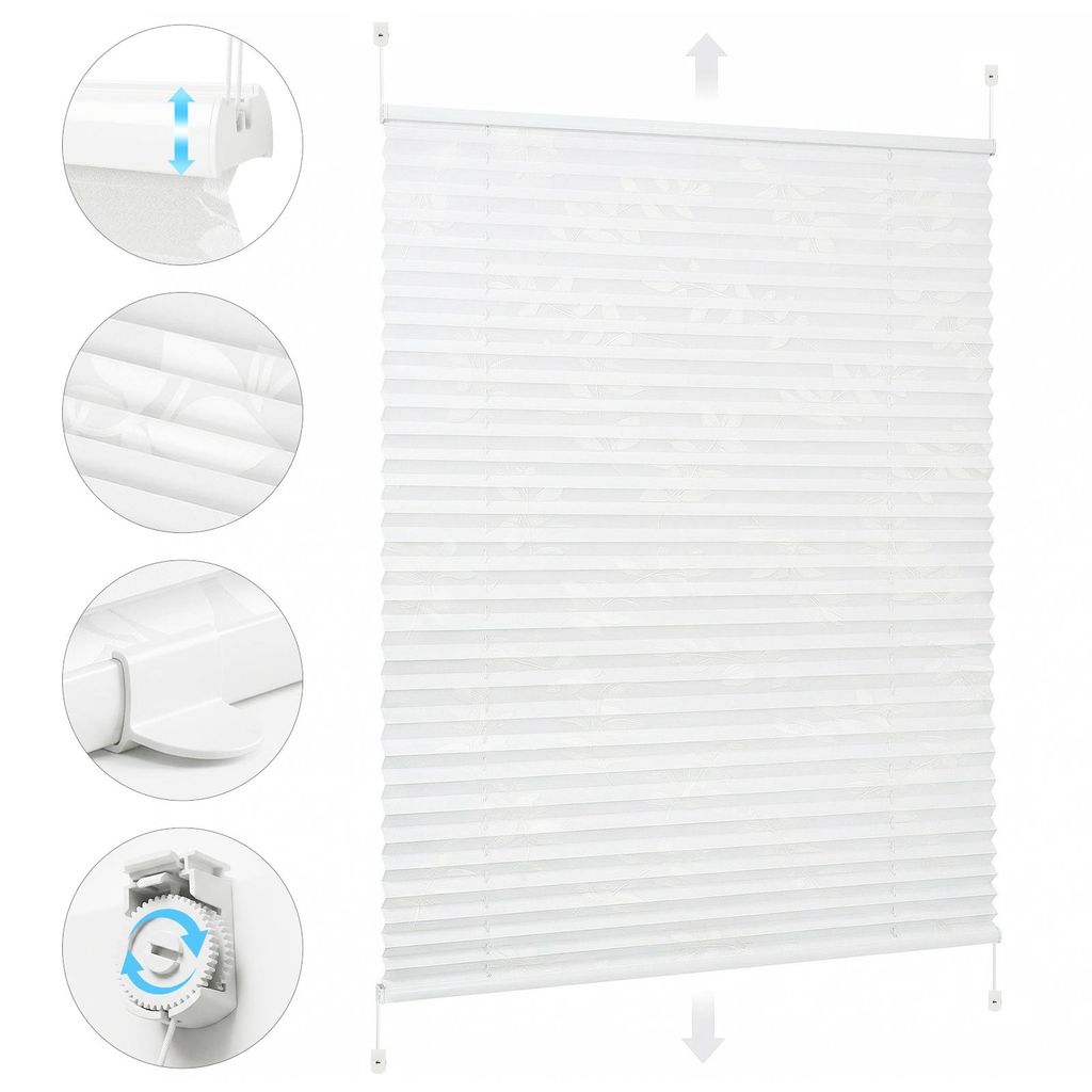 Plissee Klemmfix ohne Bohren 90x120cm Sonnenschutzrollo Verspannt Lichtschutz Faltrollo Rollos für Fenster und Tür Weiß bedruckt