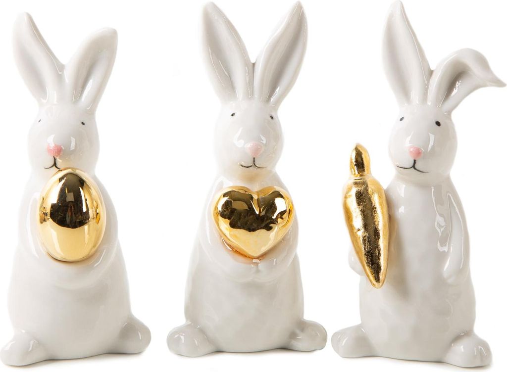 Logbuch-Verlag 3 edle Osterhasen Deko Figuren Gold weiß Osterdekoration aus Porzellan Ostergeschenke 12,5 cm