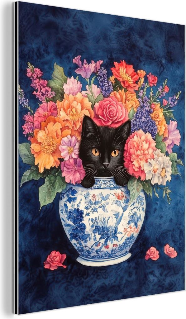 MuchoWow Wanddekoration Metall Metallbild Wandkunst 60x80 cm Katze - Bunte Blumen - Vase MuchoWow Aluminium Gemälde - Wanddekoration Metall