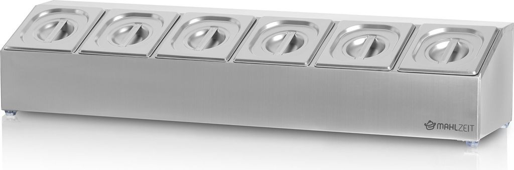 A stainless steel food warmer with six compartments.