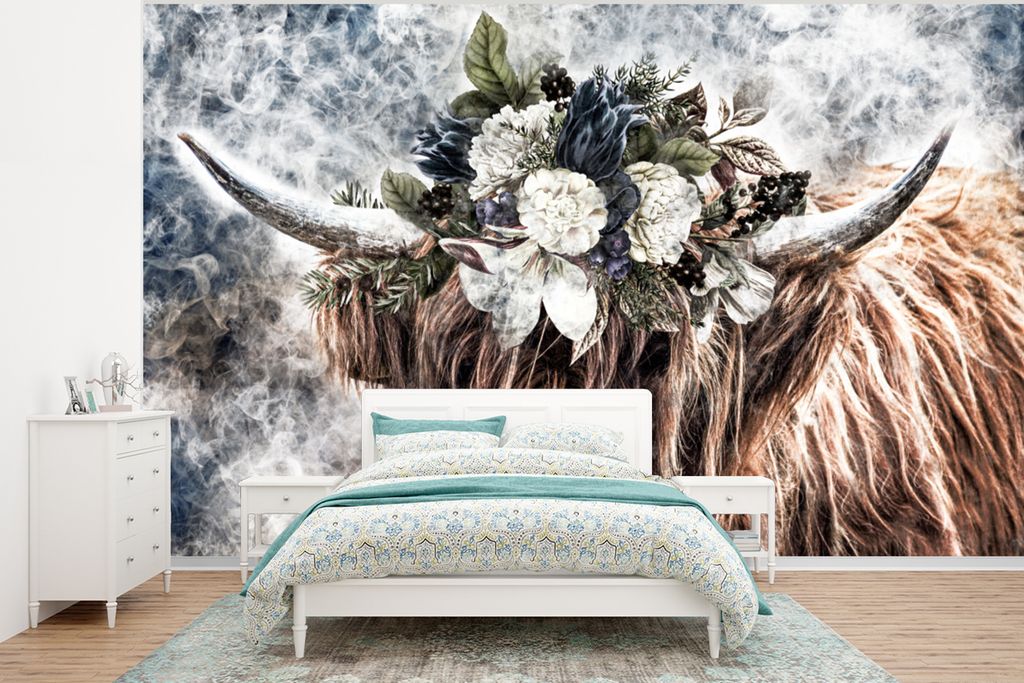 MuchoWow Fototapete für Wohnzimmer oder Schlafzimmer Wandtapete Vinyl Motivtapete Schottischer Highlander - Rauch - Blumen - 375x280 cm - Schlaf...