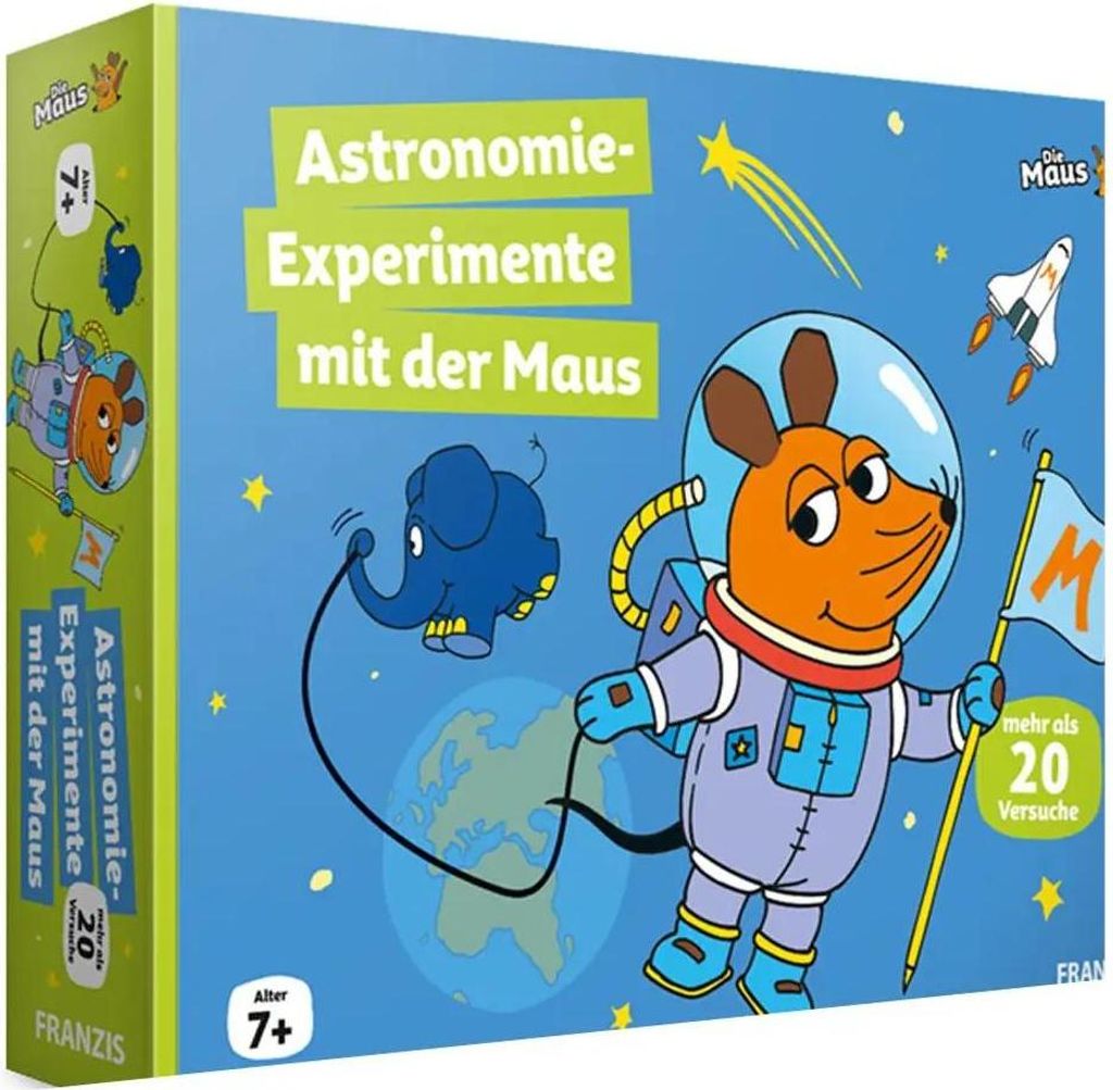 A box for a children's science experiment kit about astronomy, featuring cartoon characters.