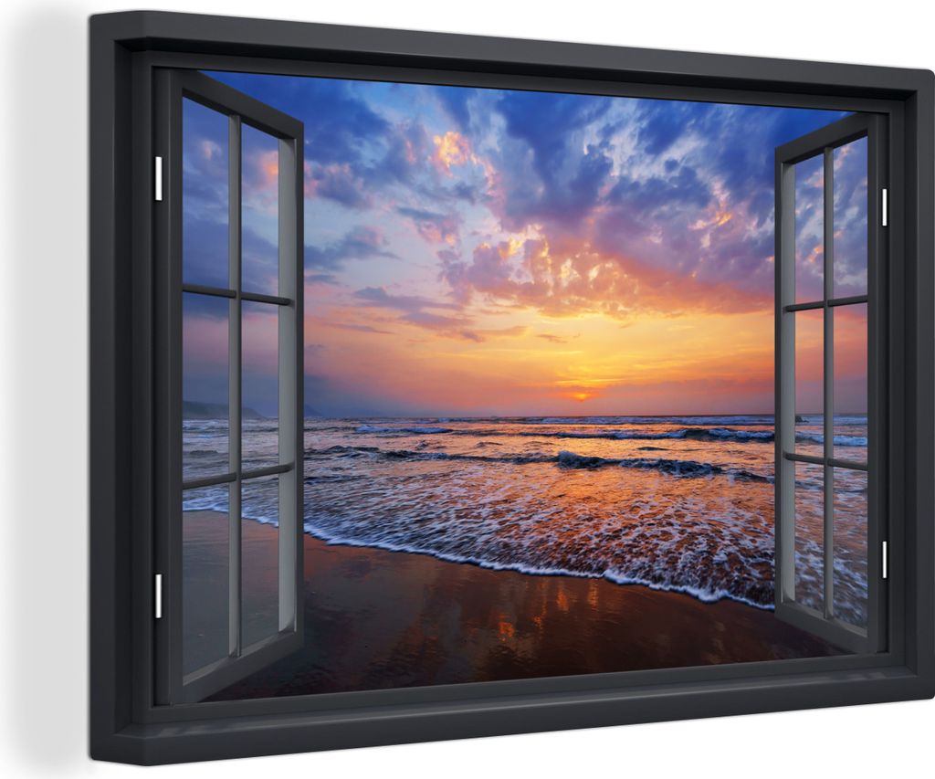 OneMillionCanvasses - Leinwandbilder - 150x100 cm, Aussicht - Meer - Strand, - Geöffnetes Fenster - Fensterblick Schlafzimmer Kunstdruck Wanddek...
