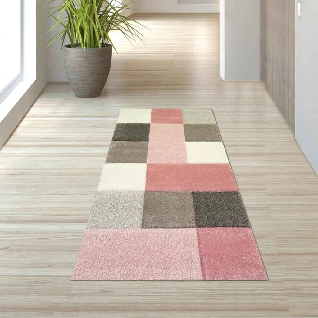 Tapis de chambre enfant pastel à carreaux rose et crème - 80x150 cm