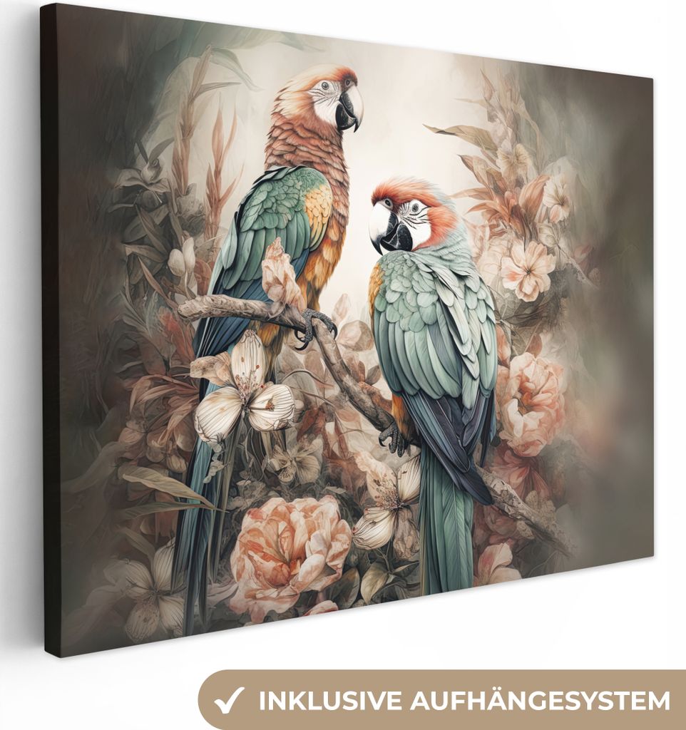 MuchoWow - Leinwandbilder - Papageien - Vögel - Natur - Blumen, Wandbild, Wanddeko Bilder Wohnzimmer, 40x30 cm