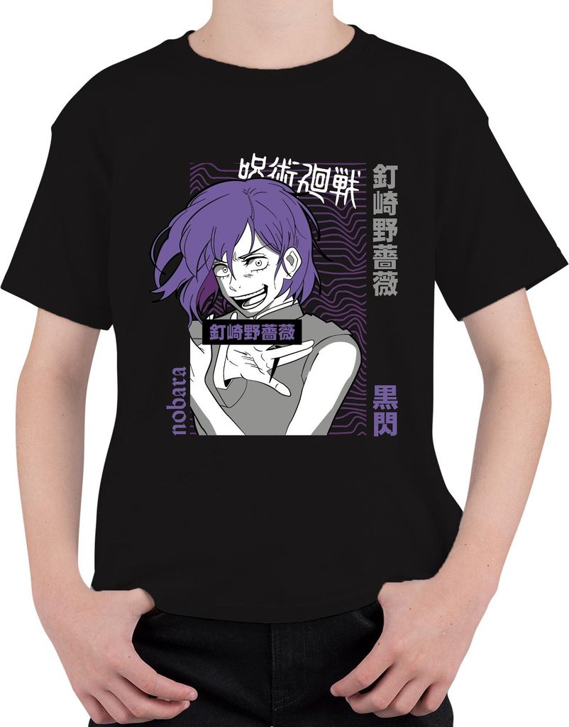 Jujutsu Kaisen Nobara Kugisaki 釘崎野薔薇 lila Haar Anime Geschenk Uni Kinder T-Shirt, Schwarz, 152