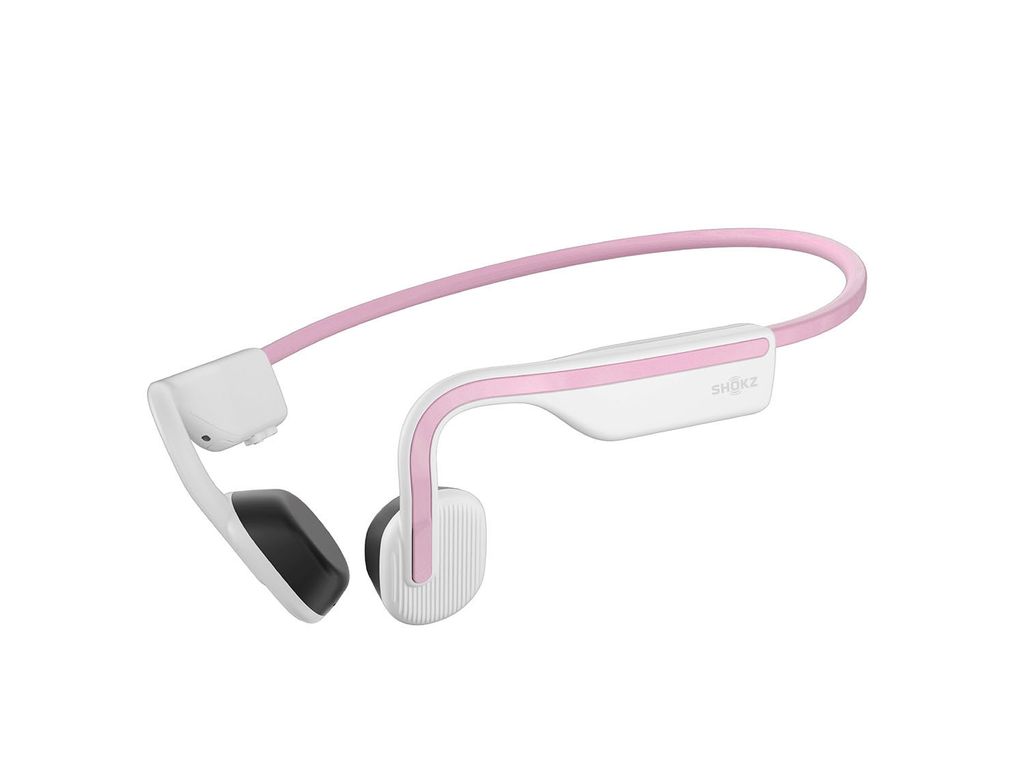 A pair of white and pink bone conduction headphones against a white background.