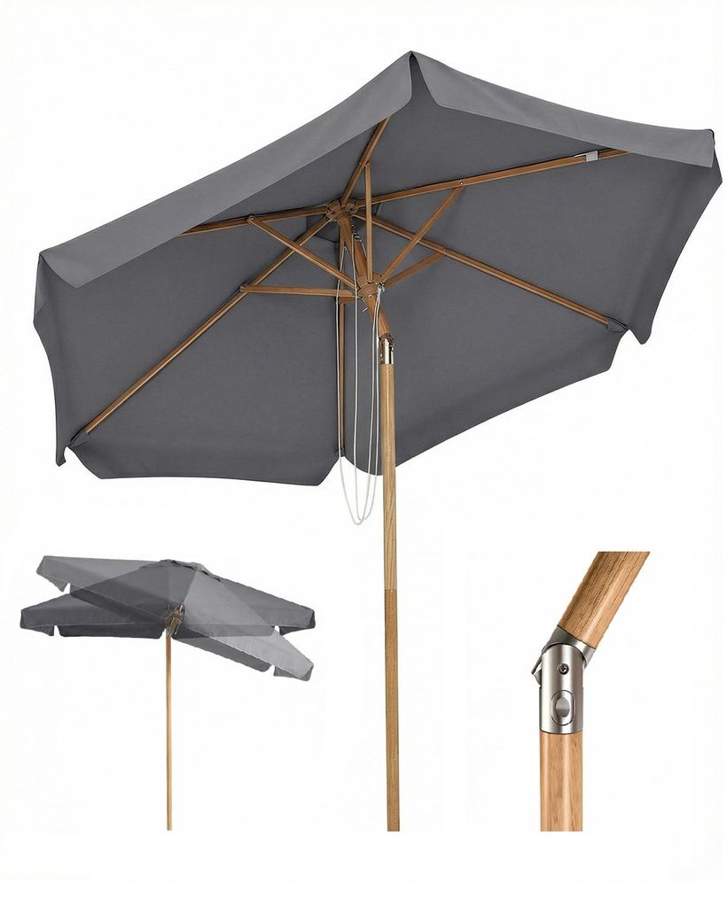 Sekey Balkonschirm 200 cm Ø Holzoptik, Knickbar, Stabiler Gartenschirm, UV-Schutz 50+, Sonnenschirm für Terrasse und Hof, Grau