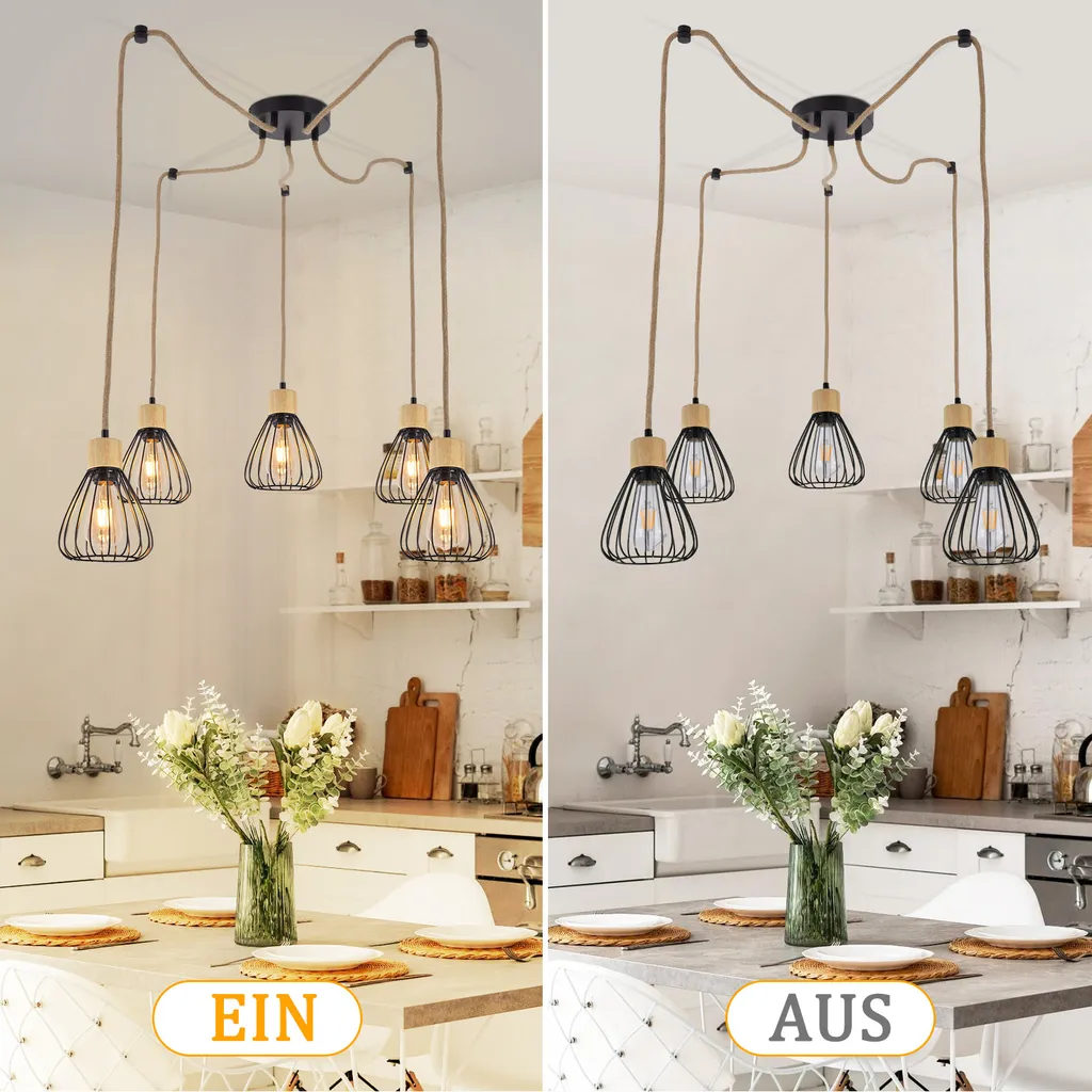 ZMH lampada a sospensione tavolo da pranzo lampada a sospensione soggiorno vintage lampada sala da pranzo nero lampada a sospensione sala da pranzo 5 fiamme retrò metallo corda di canapa in legno industriale E27 lampada a sospensione per pub senza lampadine - 8
