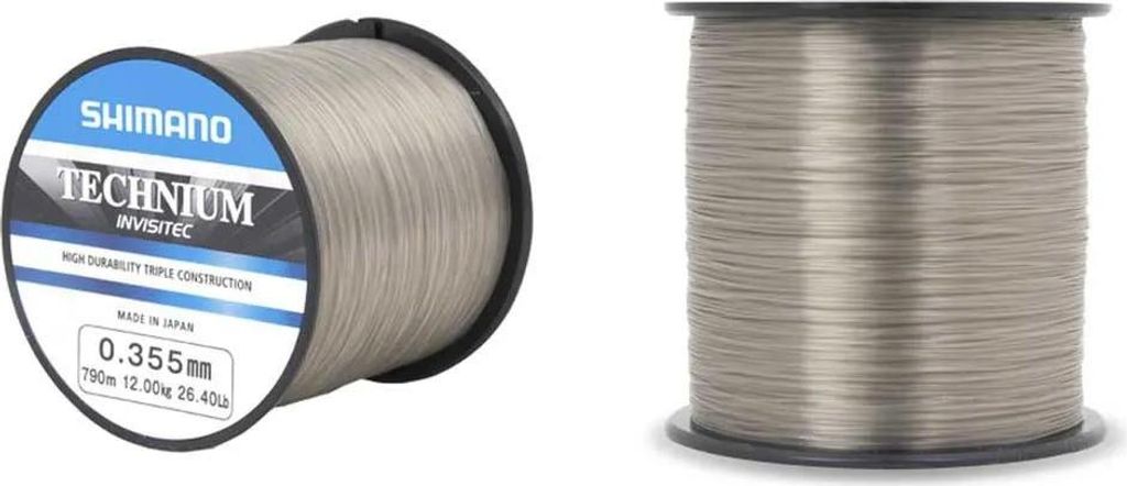 Two spools of fishing line are shown against a white background. One spool is on the left and shows the brand and product details. The other spool is on the right and shows the fishing line wound around it.
