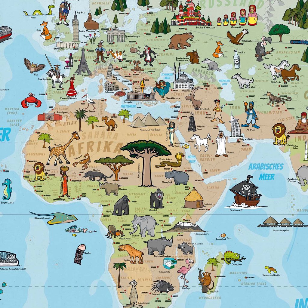 Lernposter 100 Tiere unserer Erde Kinderweltkarte Landkarten 91,5x61 cm 