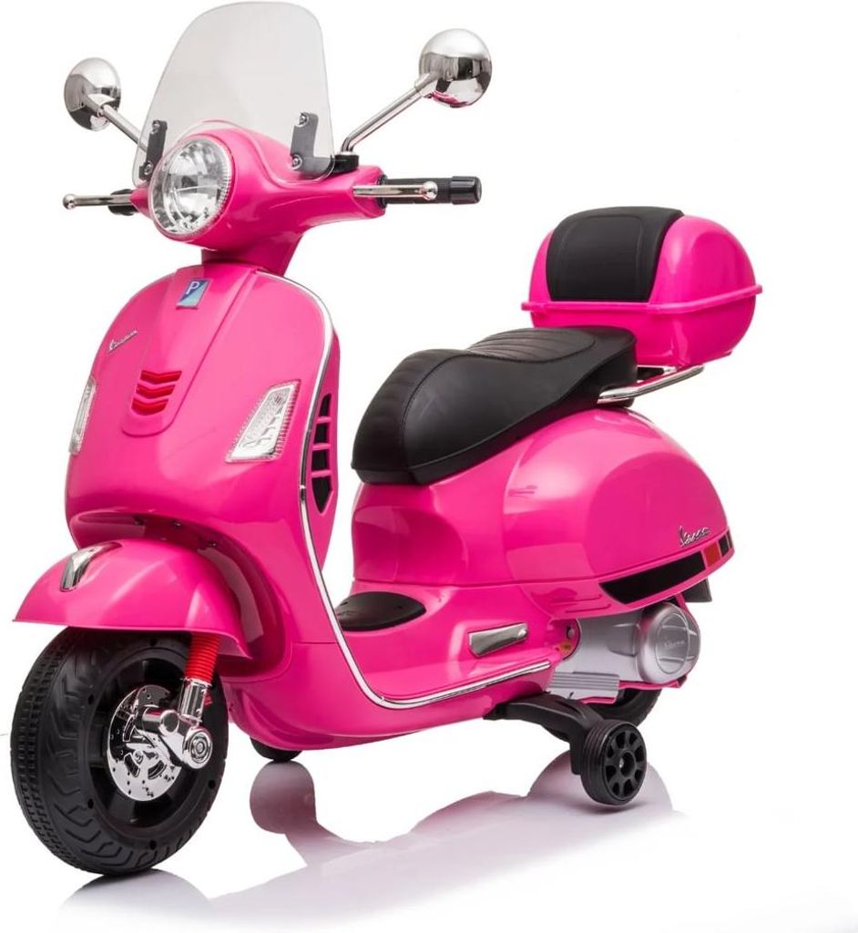 A pink electric scooter for children, shown from a side-angle on a white background.