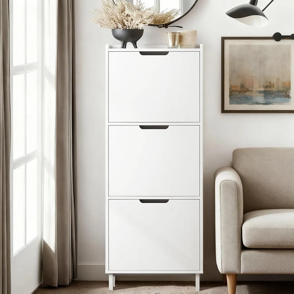 Armoire à chaussures étroite blanche à 3 portes pour entrée moderne