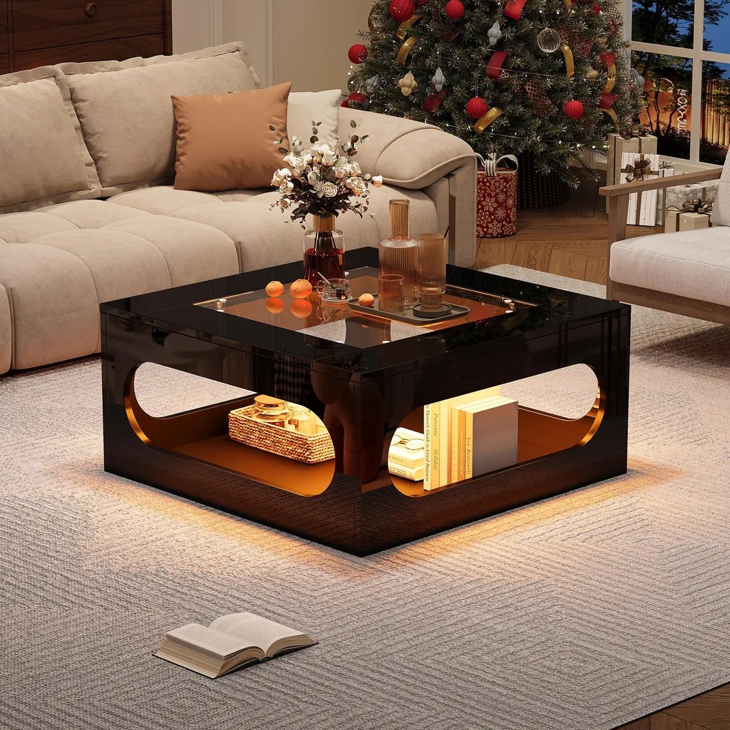 Merax Table Basse Carrée Noire en Verre Trempé avec Éclairage LED Intégré