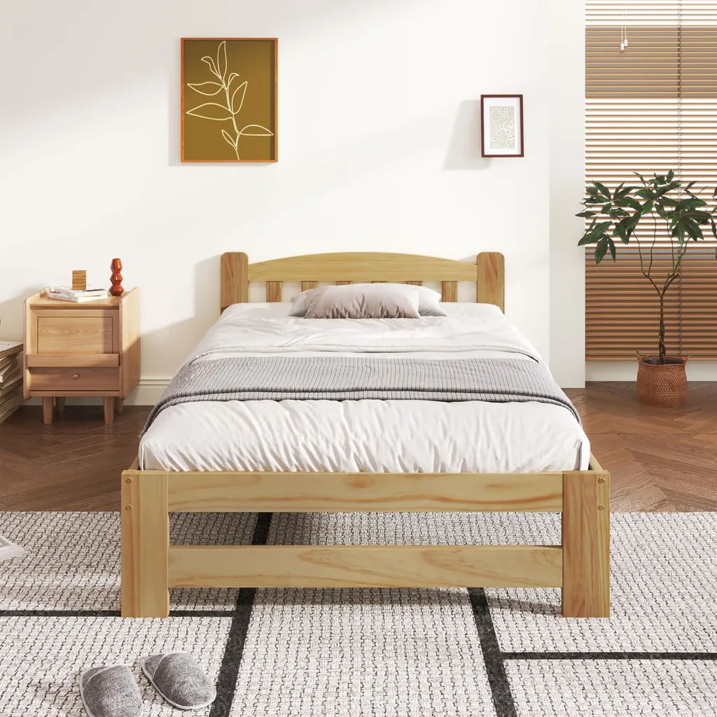 Lit 90x200cm bois massif naturel avec sommier et tête de lit au style futon