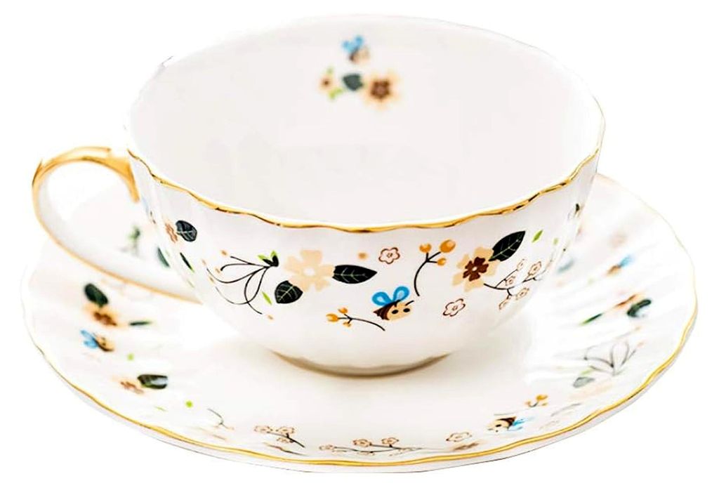 Teetassen und Untertassen mit Bienen- und Blumenmuster aus Keramik (1 Tasse und 1 Untertasse)
