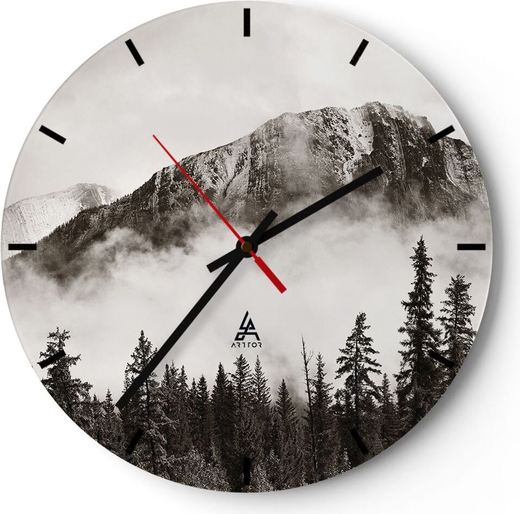 Wanduhr - Rund - Glasuhr - Nebel Berg Wald - 40x40cm - Produktbild 