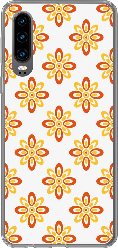 MuchoWow Handyhülle Schutzhülle Hülle für Telefoonhoesje Huawei P30 Muster - 70er Jahre - Blumen - Orange Silikon Softcase Handy Hülle - Kar...
