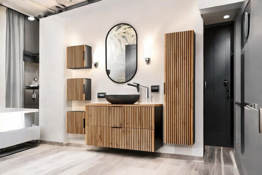 Badmöbel-Set mit Waschbecken & Unterschrank, Hochschrank, Spiegel, Xilo X BM04 - Wotan Oak