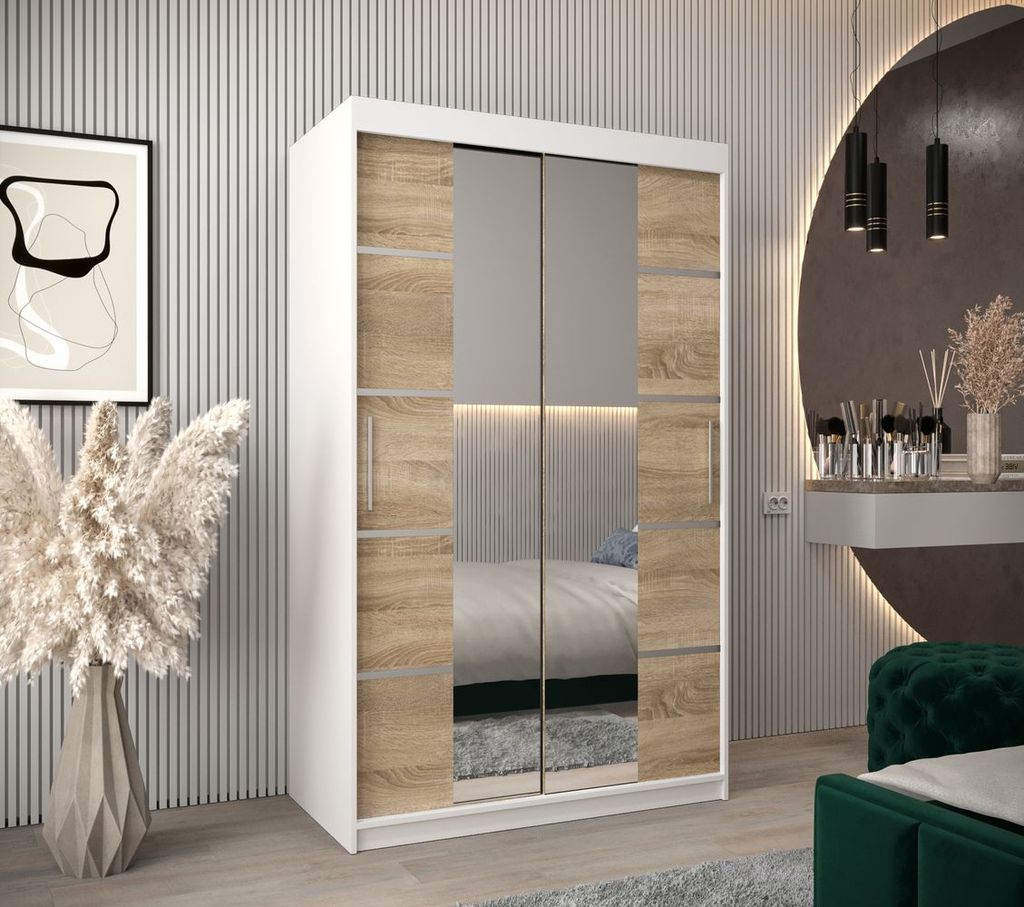 Schrank mit Spiegeln VIVIEN – Breite 120 cm, Weiß / Eiche Sonoma