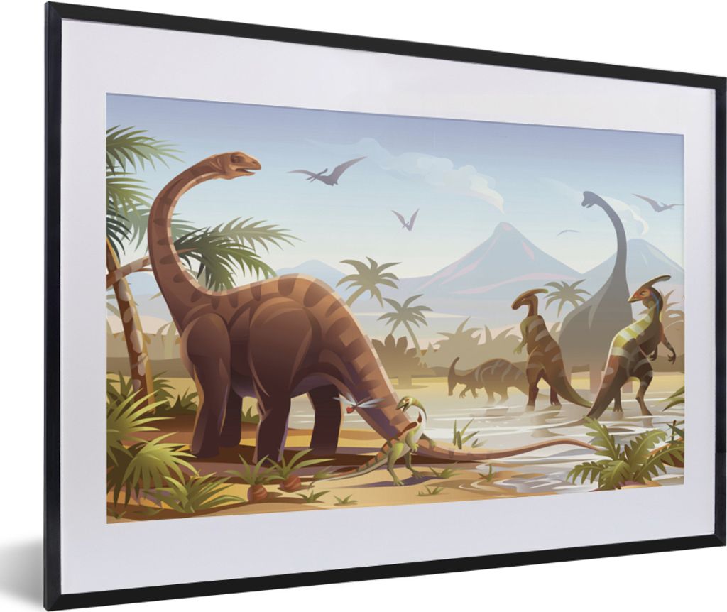 MuchoWow Gerahmtes Poster Dinosaurier - Landschaft - Tropisch - Kinder - Jungen 60x40 cm - Poster mit Schwarzem Bilderrahmen Wandposter Rahmen Fo...