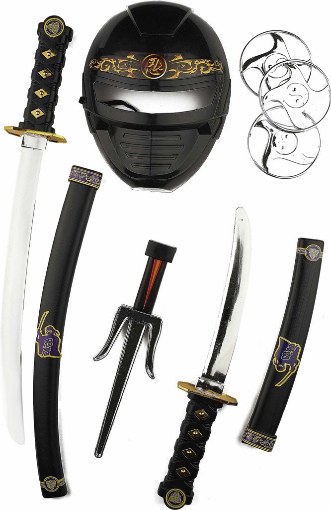 A collection of ninja-themed toy weapons and accessories laid out on a white background.