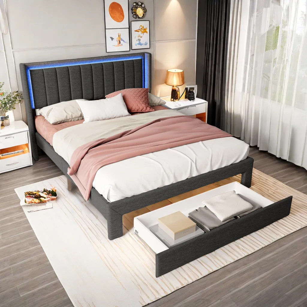 ProximaX Lit Double 160x200cm en Lin Gris Foncé avec LED et Prises USB
