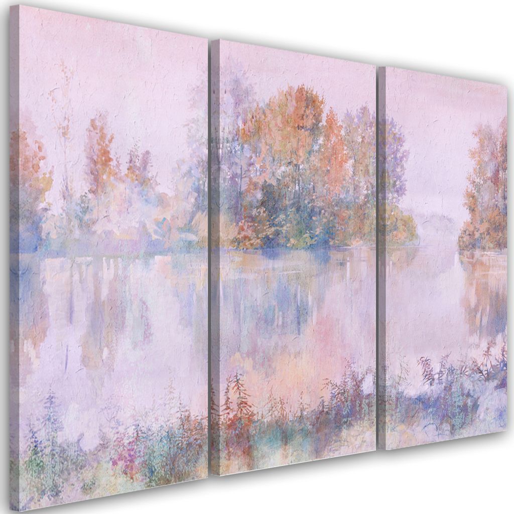 Triptychon auf leinwand blick auf den see 150x100 cm Feeby lila wandbild bereit zum aufhängen