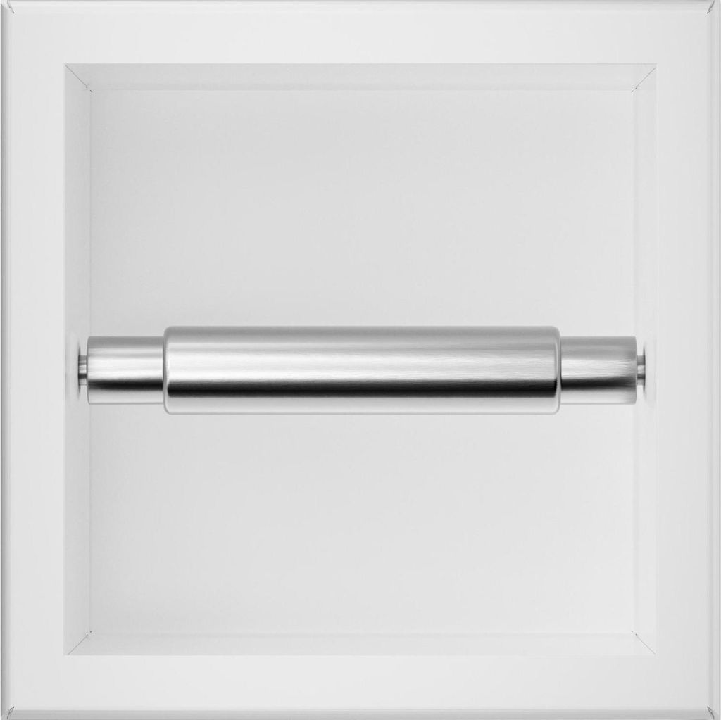 A recessed toilet paper holder with a silver roller bar, set against a white background.